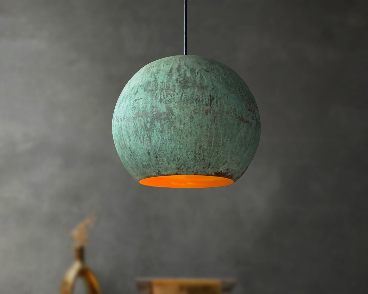 Oxidized Dome Ceiling Light, Vintage Copper Round Pendant Light, Green Patina Copper Hanging Light Fixture