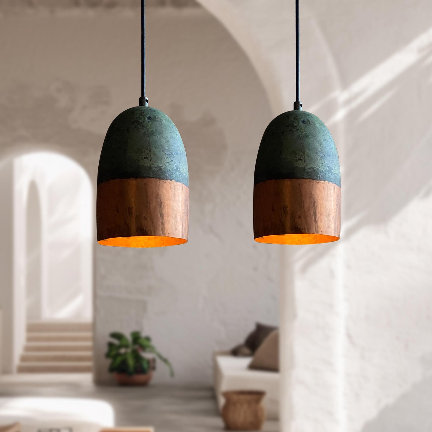 Oxidized Copper Pendant Light – Green Patina Farmhouse Ceiling Fixture