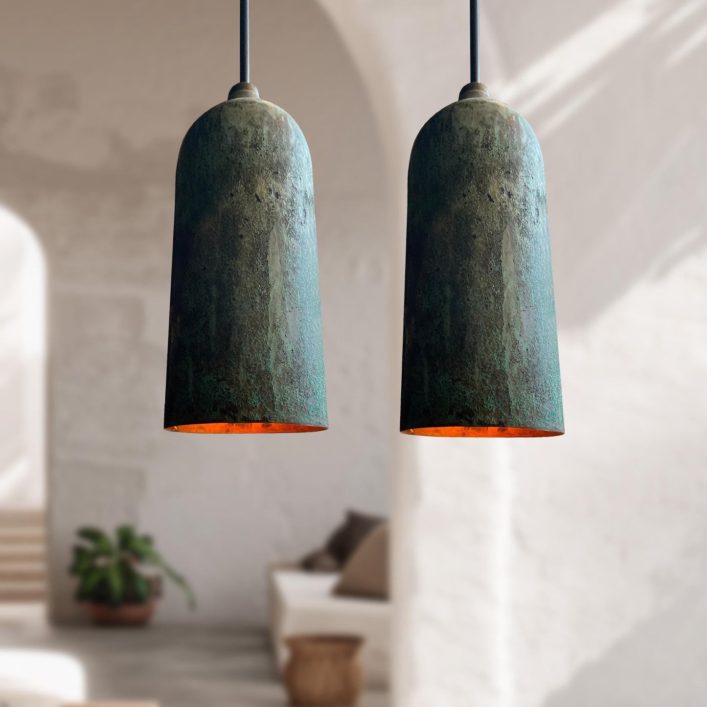 Green Patina Farmhouse Light – Oxidized Long Copper Pendant Ceiling Lamp