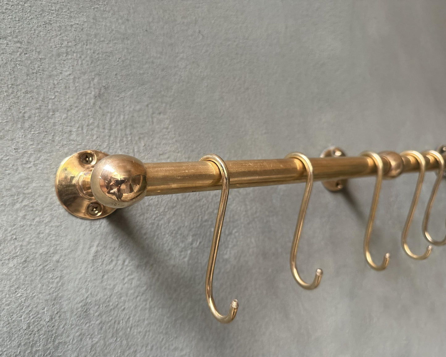 Unlacquered Brass Pot Rail with S hooks, Handmade Solid Brass Pot Rack, Golden Brass Wall Mounted Rack with Free Extra hooks