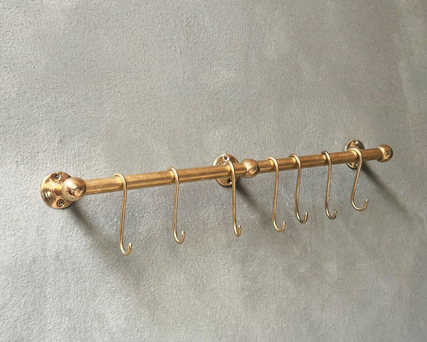Unlacquered Brass Pot Rail with S hooks, Handmade Solid Brass Pot Rack, Golden Brass Wall Mounted Rack with Free Extra hooks