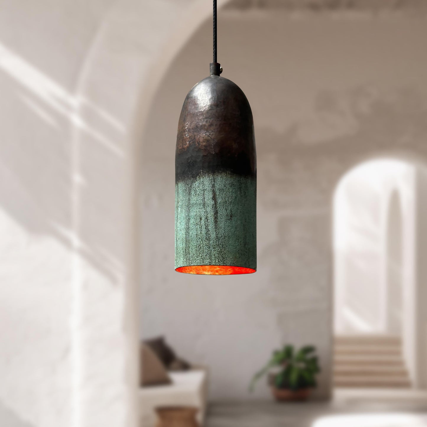 Set of 3 Oxidized Copper Pendant Lights – Green Patina Farmhouse Kitchen Island Lighting