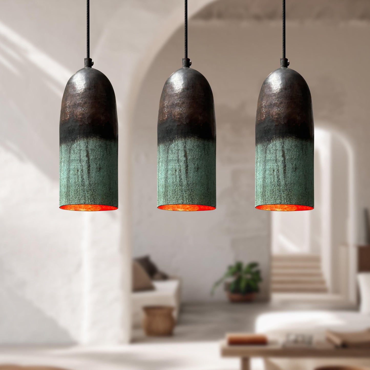 Set of 3 Oxidized Copper Pendant Lights – Green Patina Farmhouse Kitchen Island Lighting