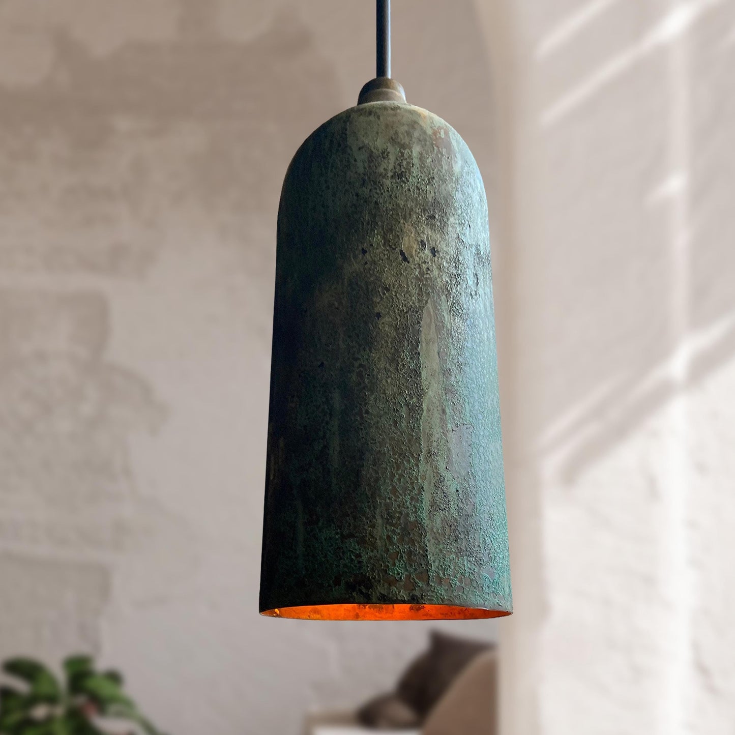 Green Patina Farmhouse Light – Oxidized Long Copper Pendant Ceiling Lamp