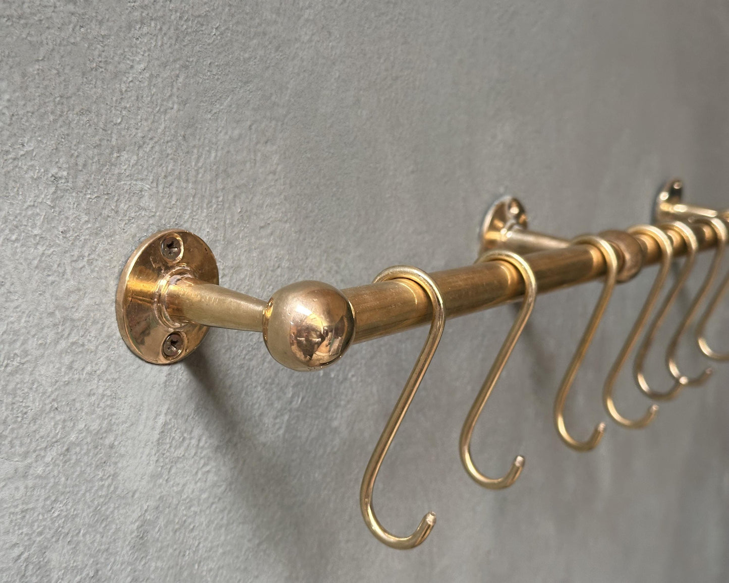 Unlacquered Brass Pot Rail with S hooks, Handmade Solid Brass Pot Rack, Golden Brass Wall Mounted Rack with Free Extra hooks