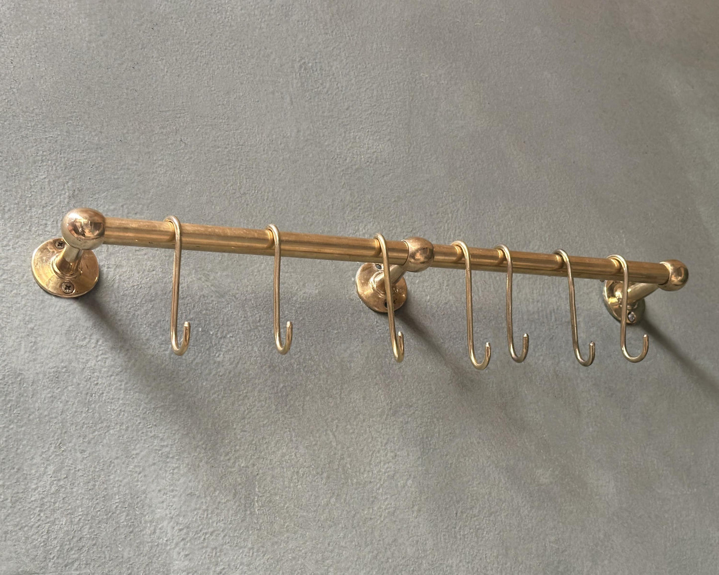 Unlacquered Brass Pot Rail with S hooks, Handmade Solid Brass Pot Rack, Golden Brass Wall Mounted Rack with Free Extra hooks