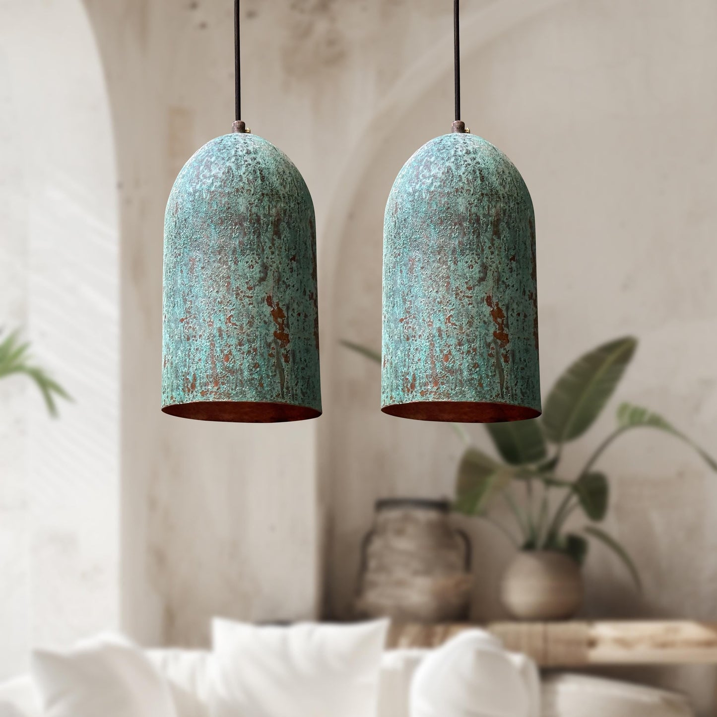 Set of 2 Green Patina Copper Farmhouse Kitchen Fixtures
