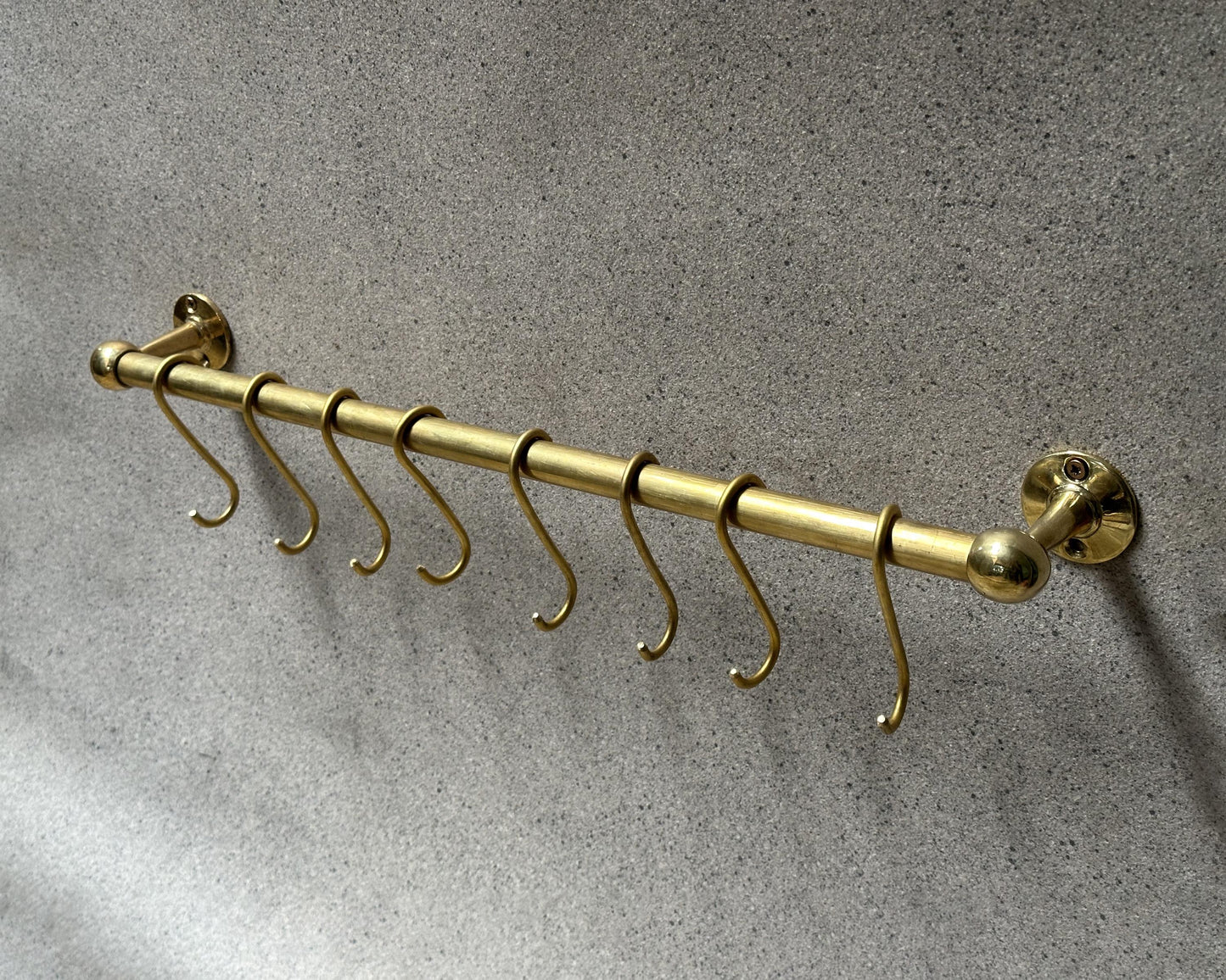 Unlacquered Brass Pot Rail with S hooks, Handmade Solid Brass Pot Rack, Golden Brass Wall Mounted Rack, Brass Wall Mounted Pan Rack