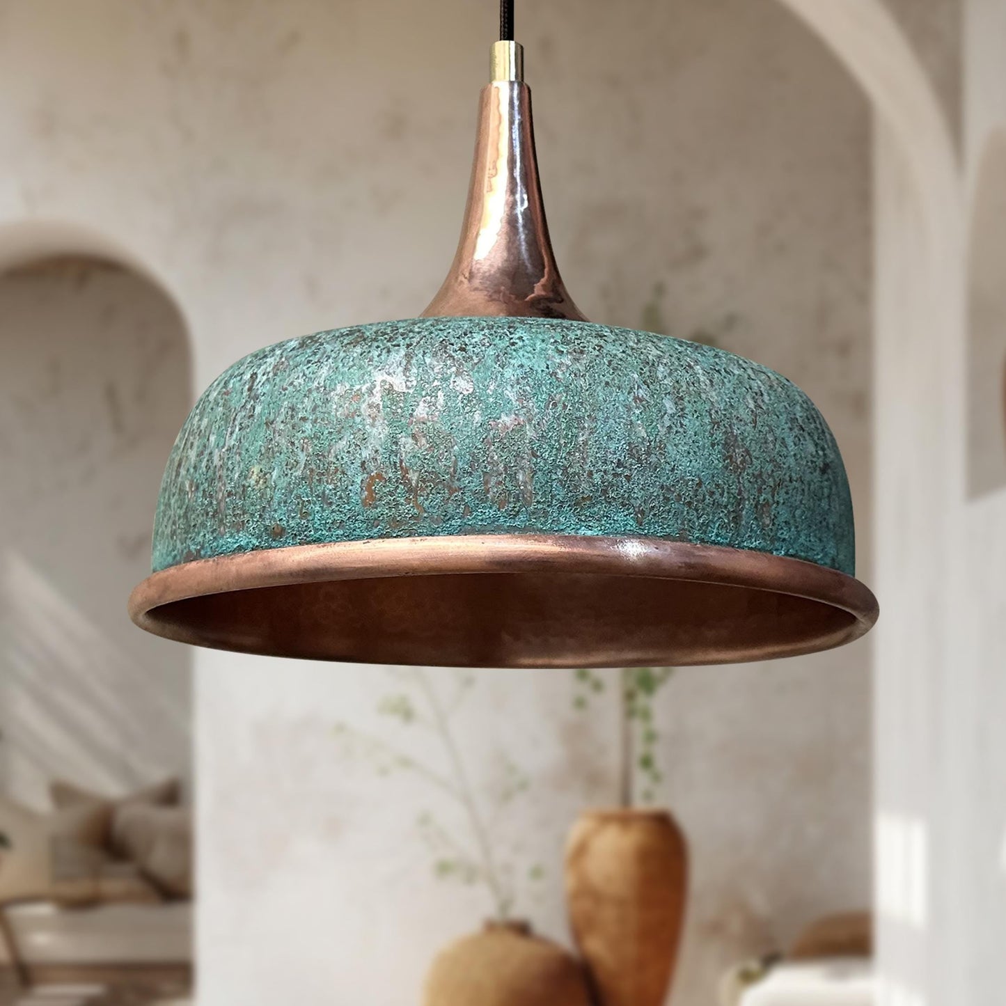 Green Patina Copper Pendant Light – Oxidized Hammered Verdigris Dome Fixture