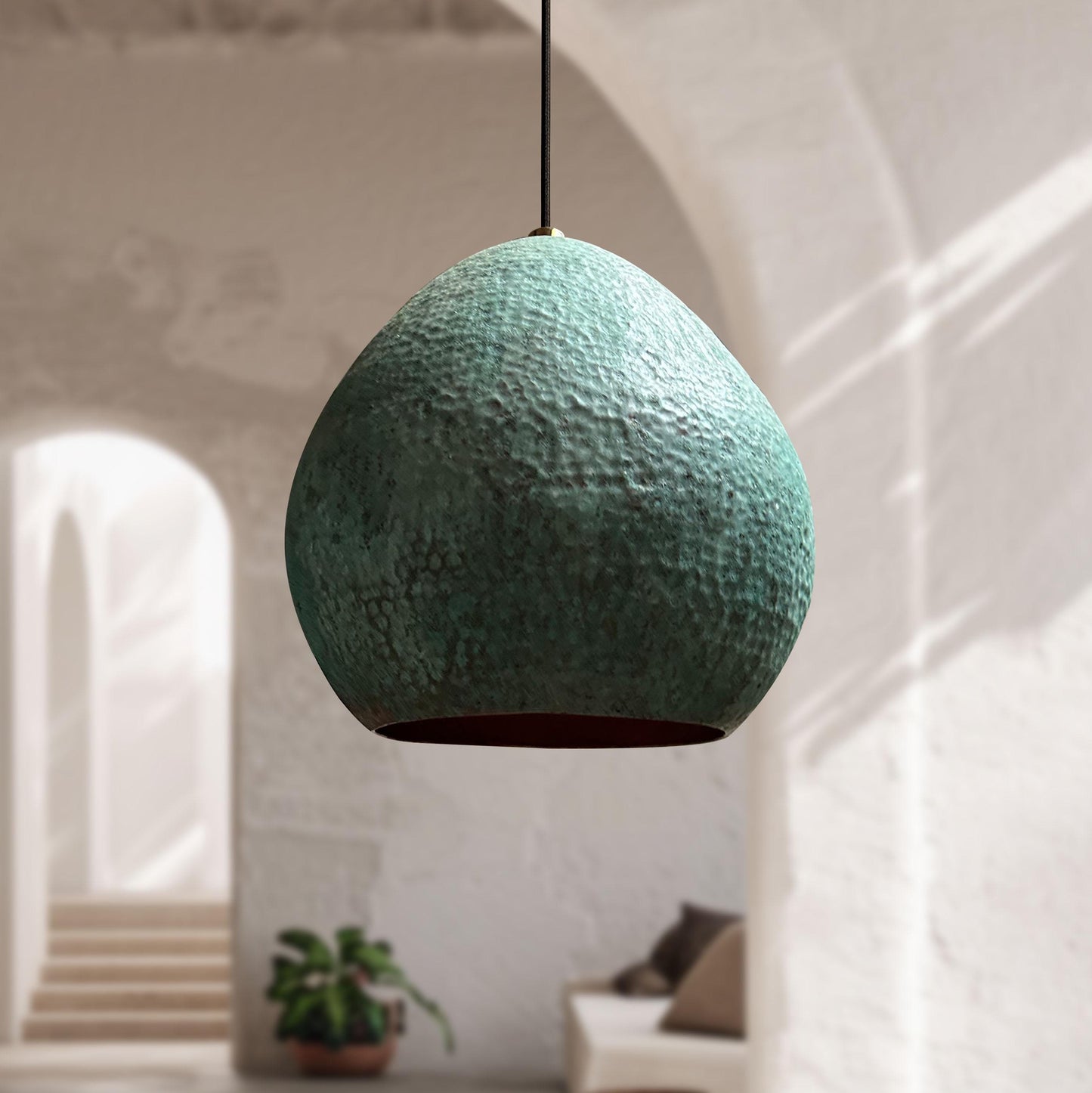 Hammered Verdigris Copper Pendant Light – Oxidized Kitchen Island Lighting