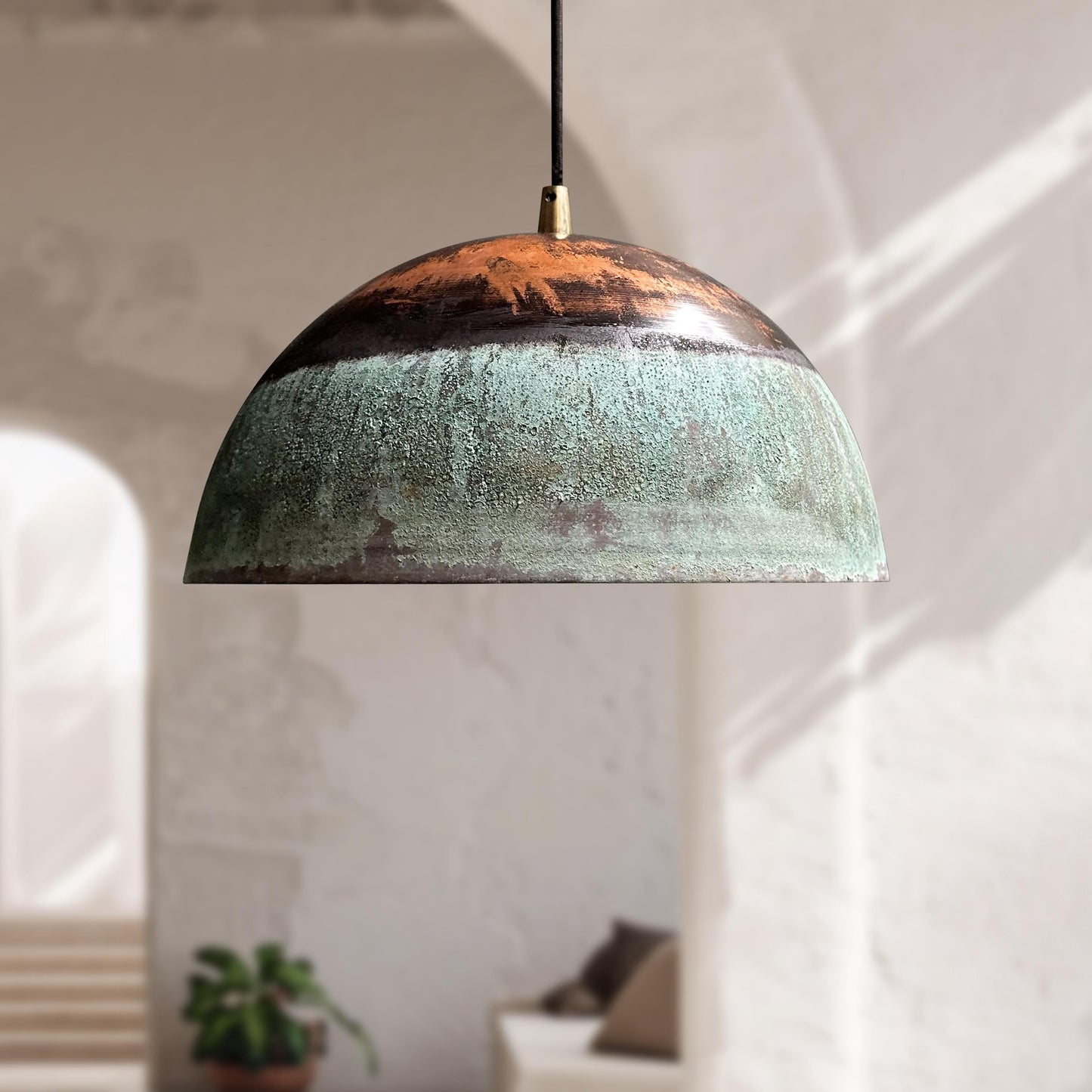 Green Patina Copper Pendant Light – Handmade Oxidized Rustic Dome Fixture