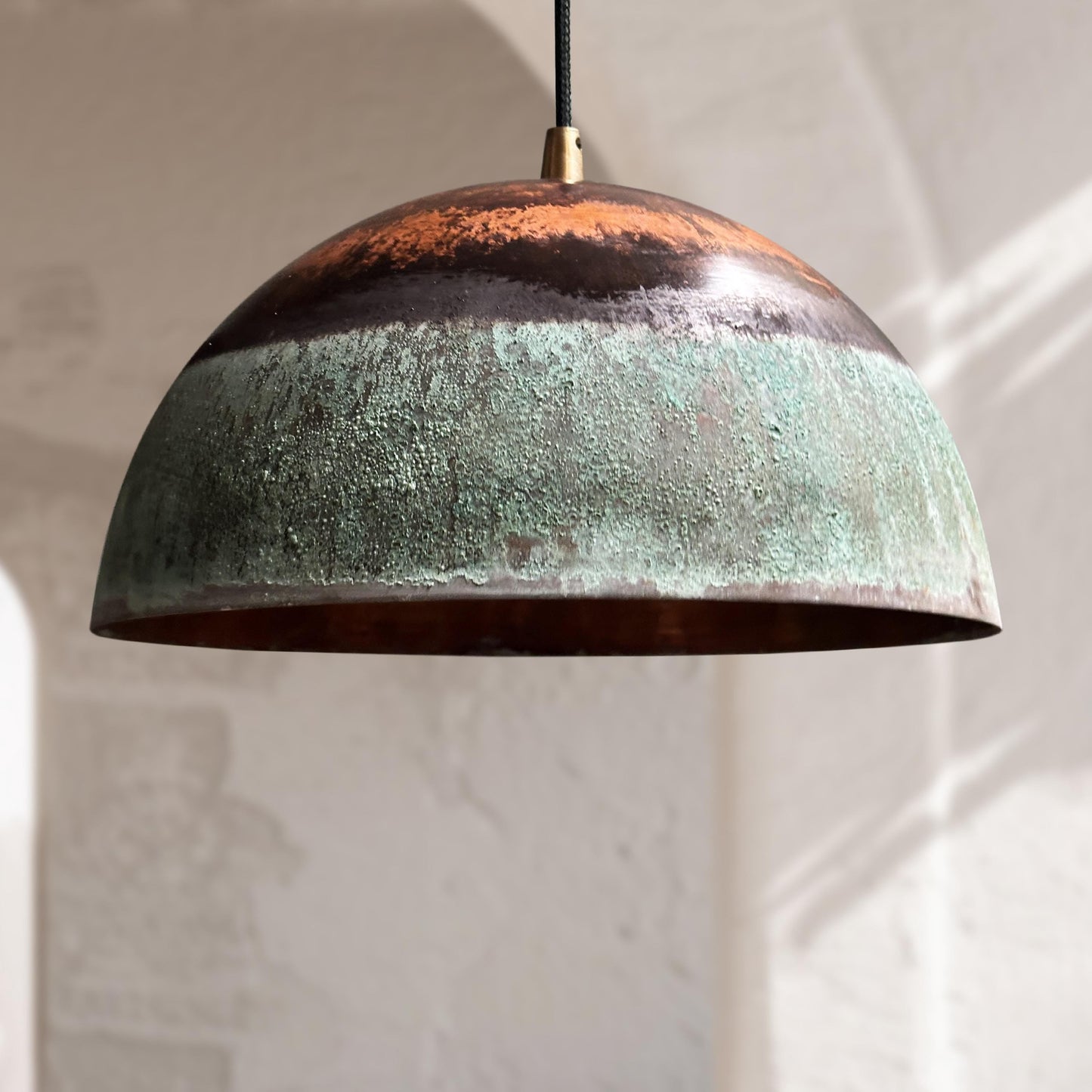 Green Patina Copper Pendant Light – Handmade Oxidized Rustic Dome Fixture
