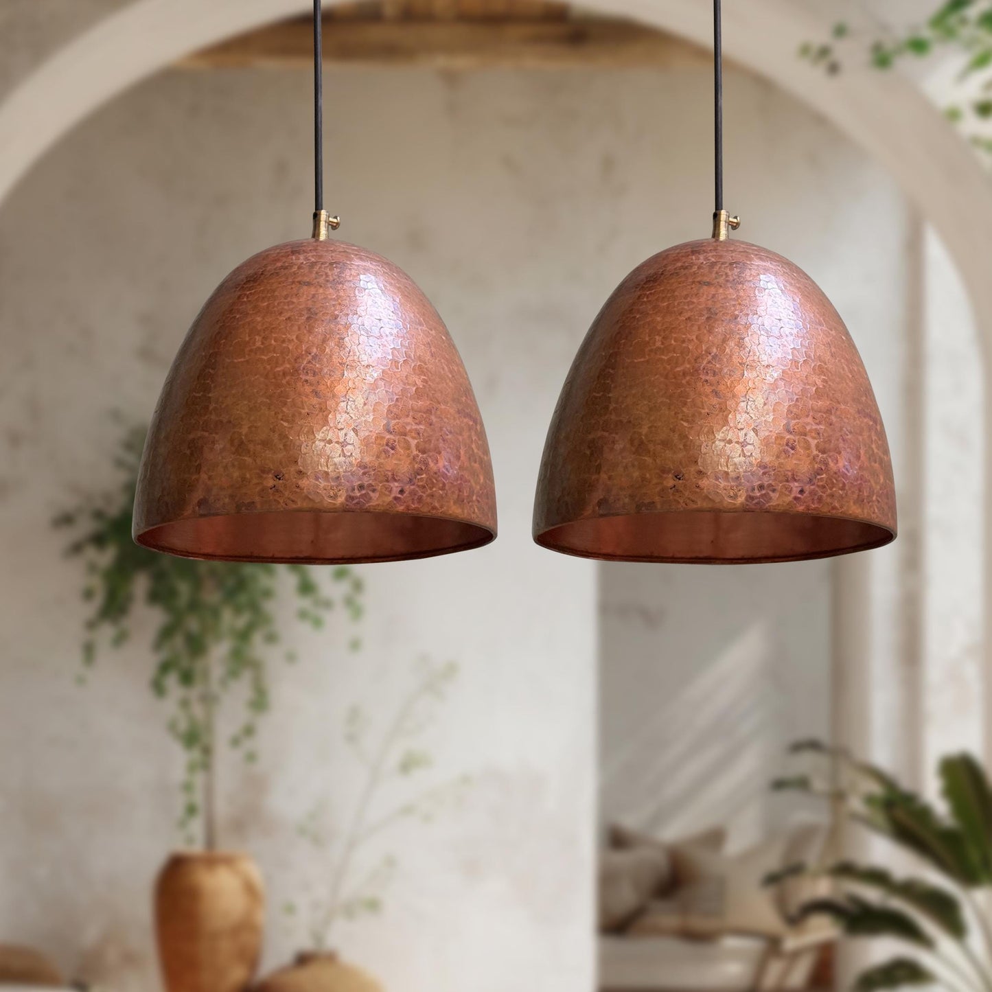 Set of 2 Handmade Copper Pendant Lights – Oxidized Hammered Dome Kitchen Fixtures