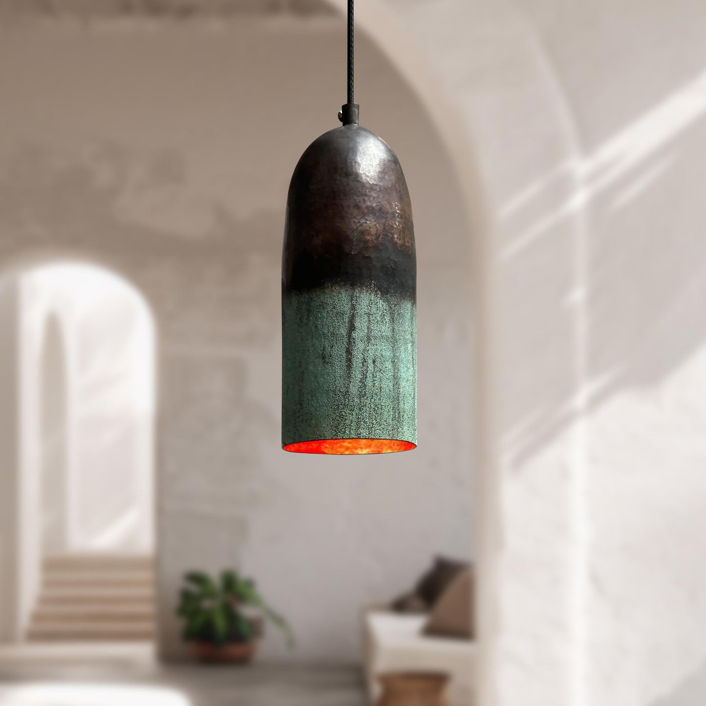 Set of 3 Oxidized Copper Pendant Lights – Green Patina Farmhouse Kitchen Island Lighting
