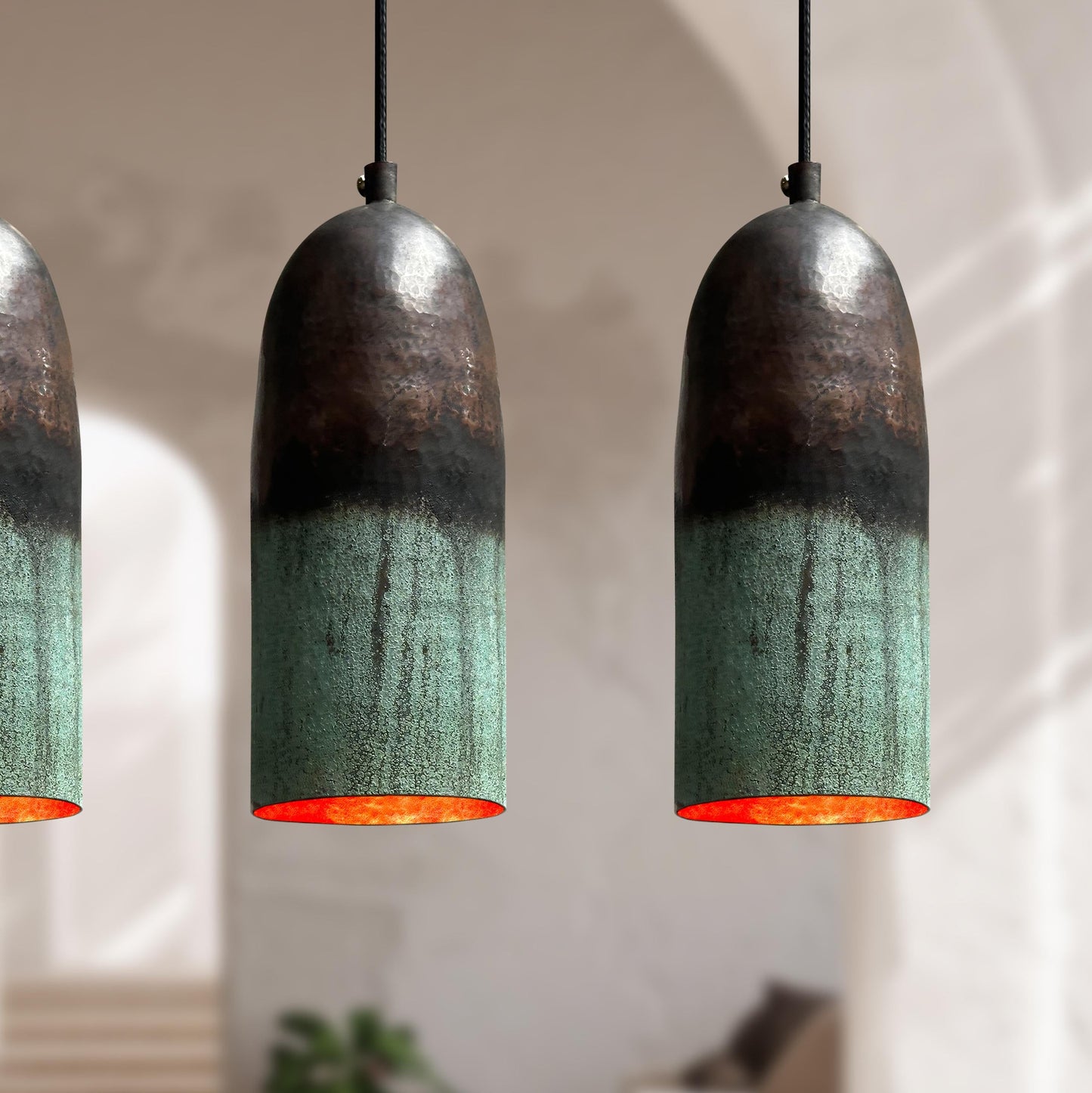 Set of 3 Oxidized Copper Pendant Lights – Green Patina Farmhouse Kitchen Island Lighting