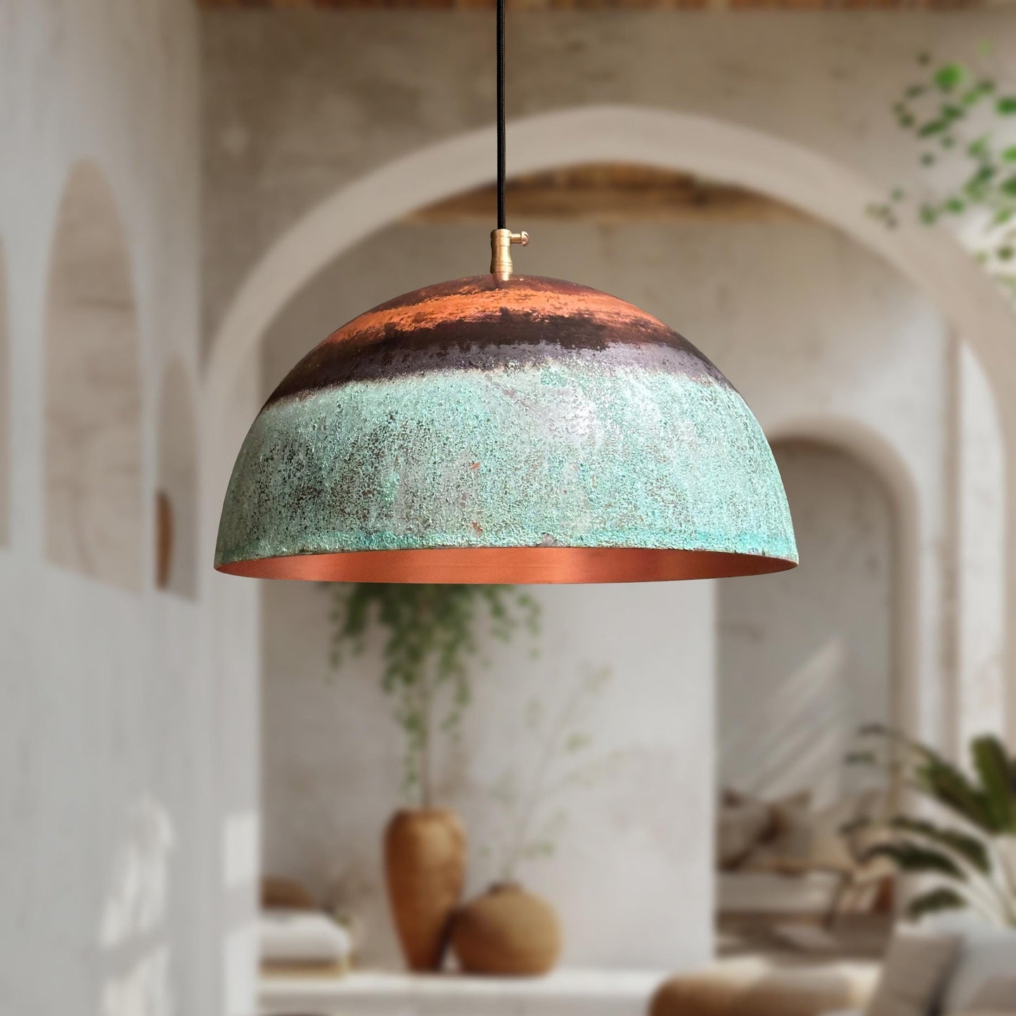 Green Patina Copper Pendant Light – Oxidized Round Rustic Farmhouse Kitchen Fixture