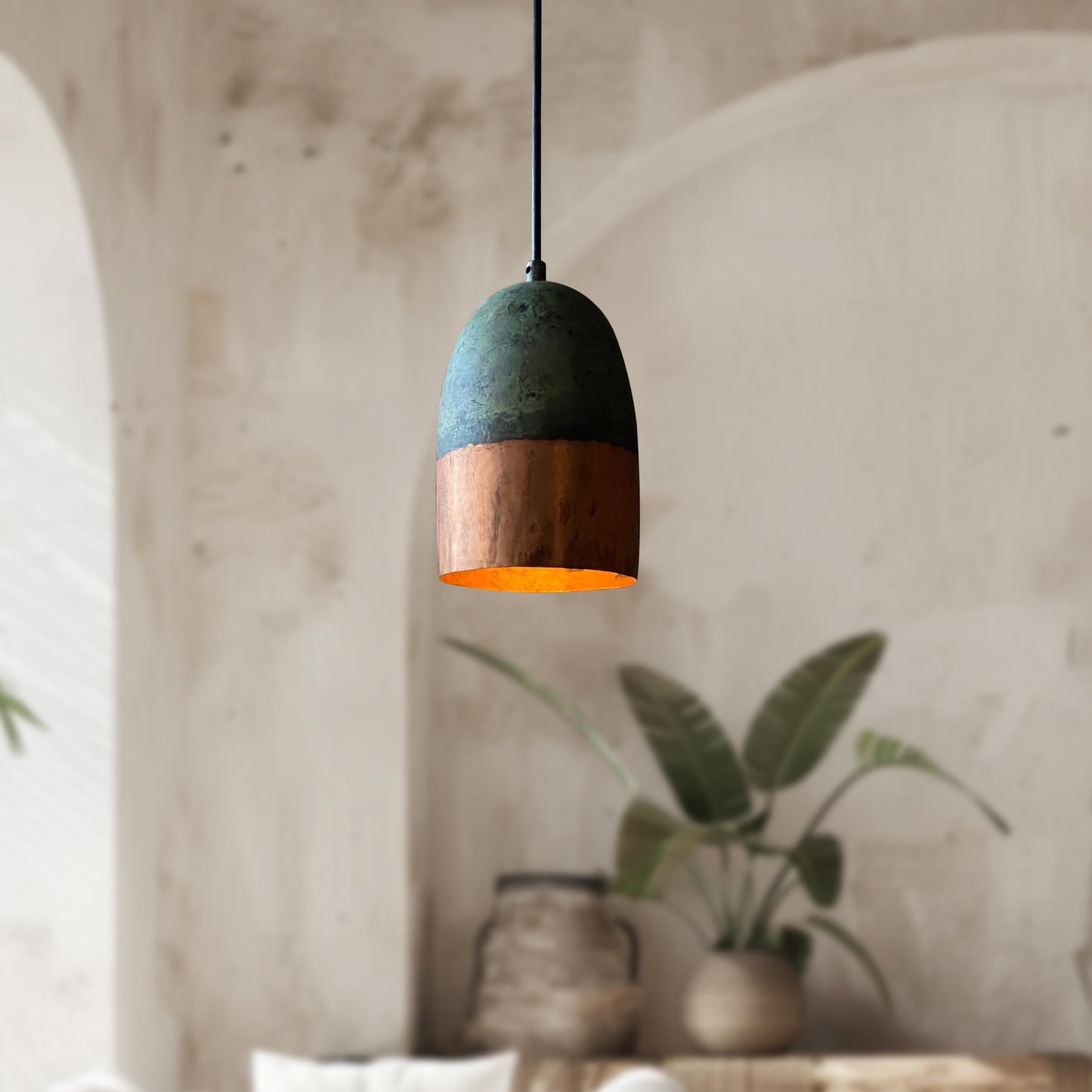 Set of 2 Green Patina Copper Pendant Lights – Oxidized Farmhouse Kitchen Lighting