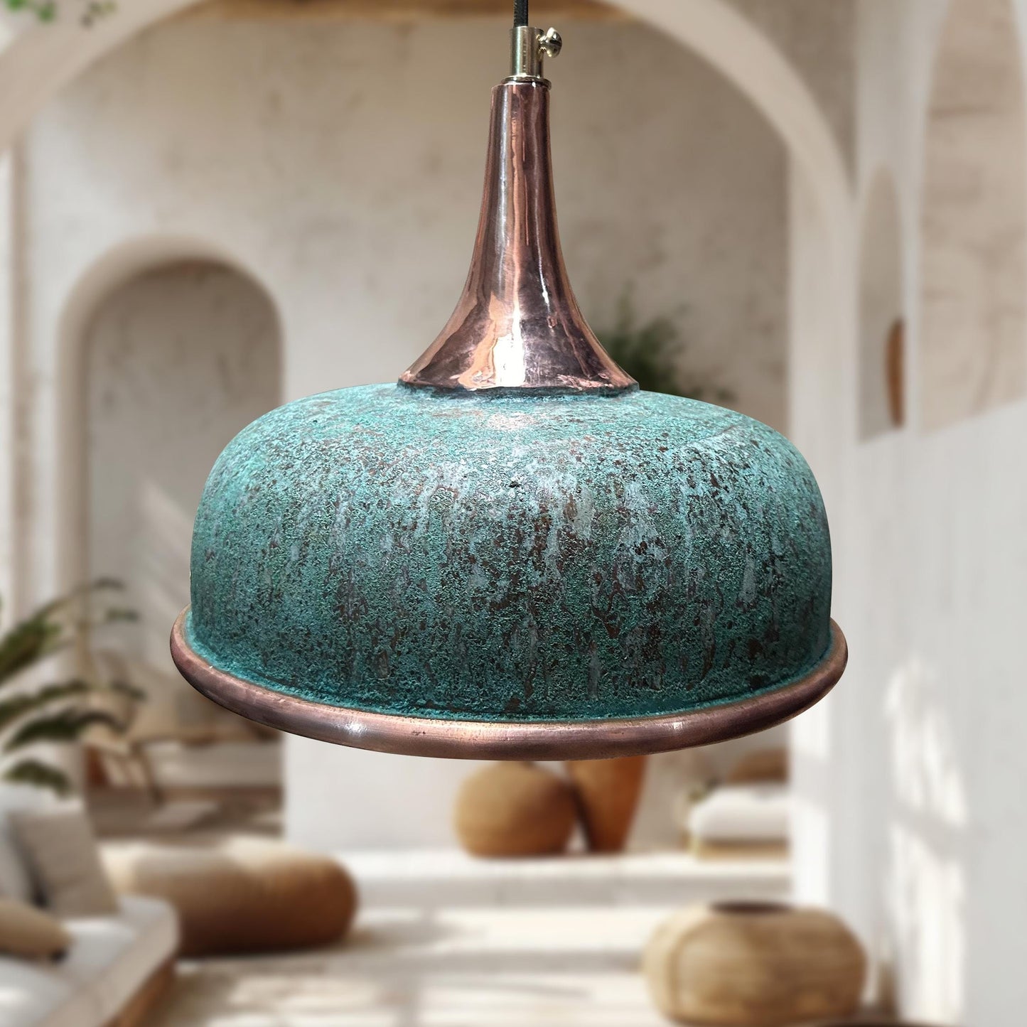 Green Patina Copper Pendant Light – Oxidized Hammered Verdigris Dome Fixture