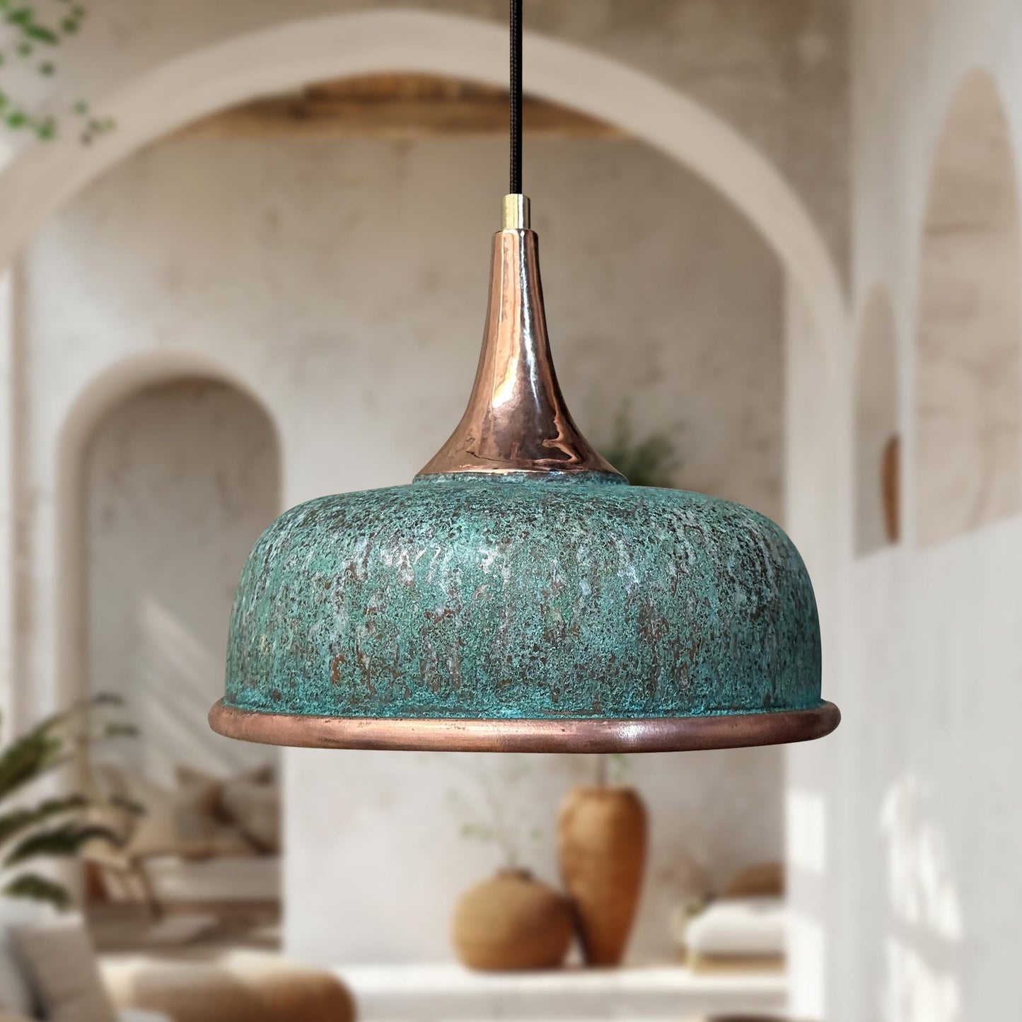 Green Patina Copper Pendant Light – Oxidized Hammered Verdigris Dome Fixture