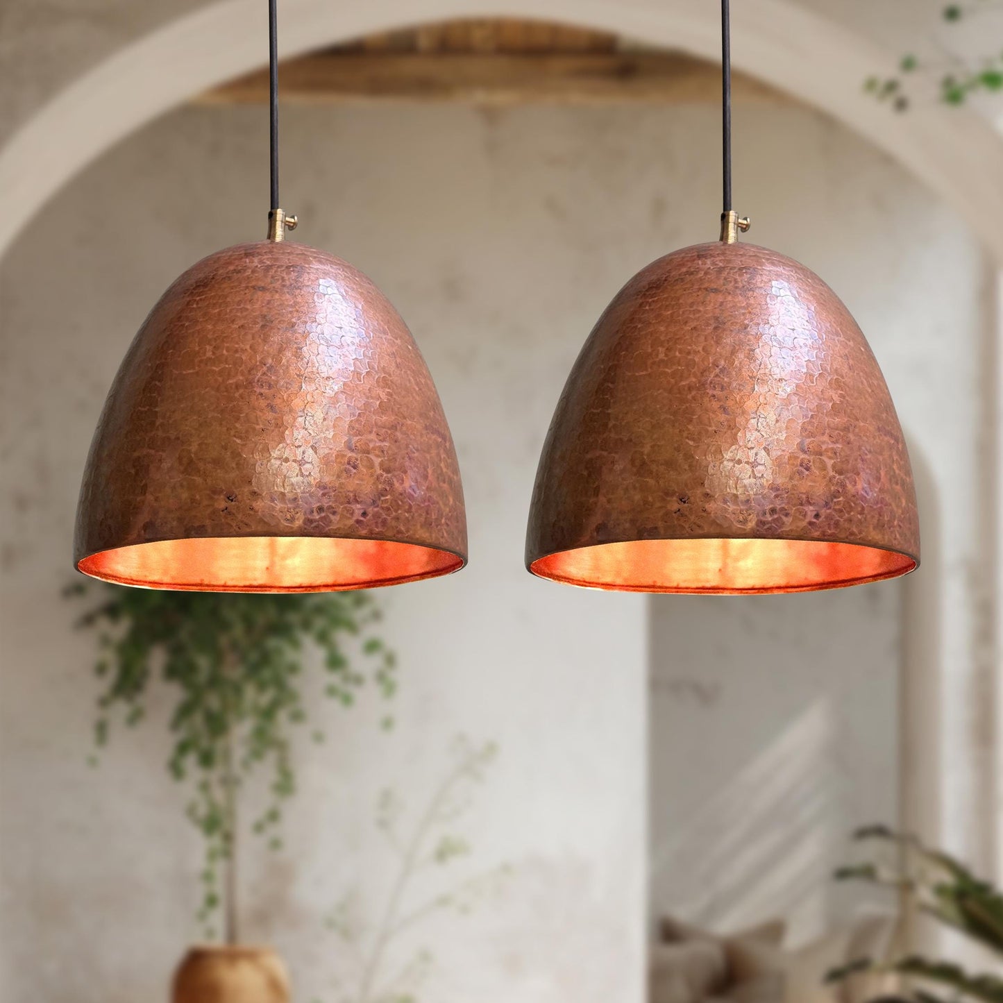 Set of 2 Handmade Copper Pendant Lights – Oxidized Hammered Dome Kitchen Fixtures