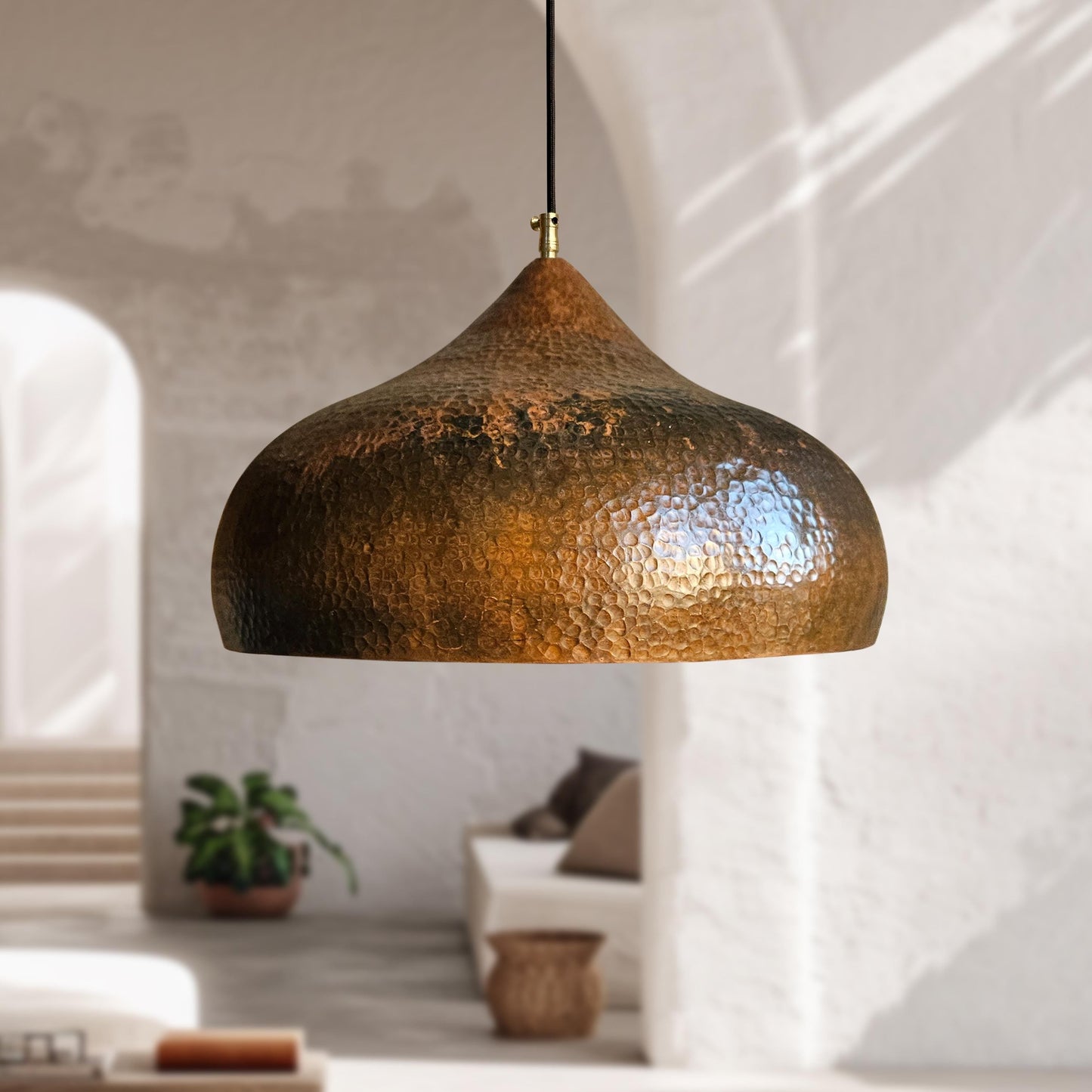 2 Rustic Copper Pendant Lights – Handmade Aged Kitchen Hanging Fixtures