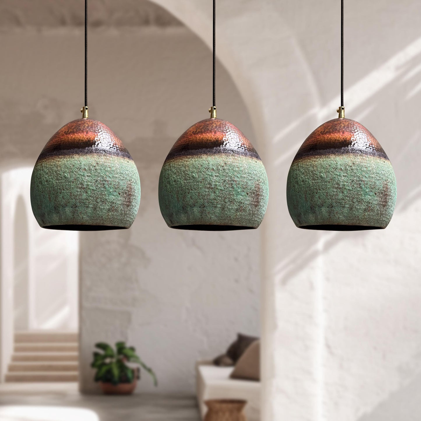 Handmade Oxidized Copper Pendant Light – Green Patina Vintage Farmhouse Kitchen Fixture