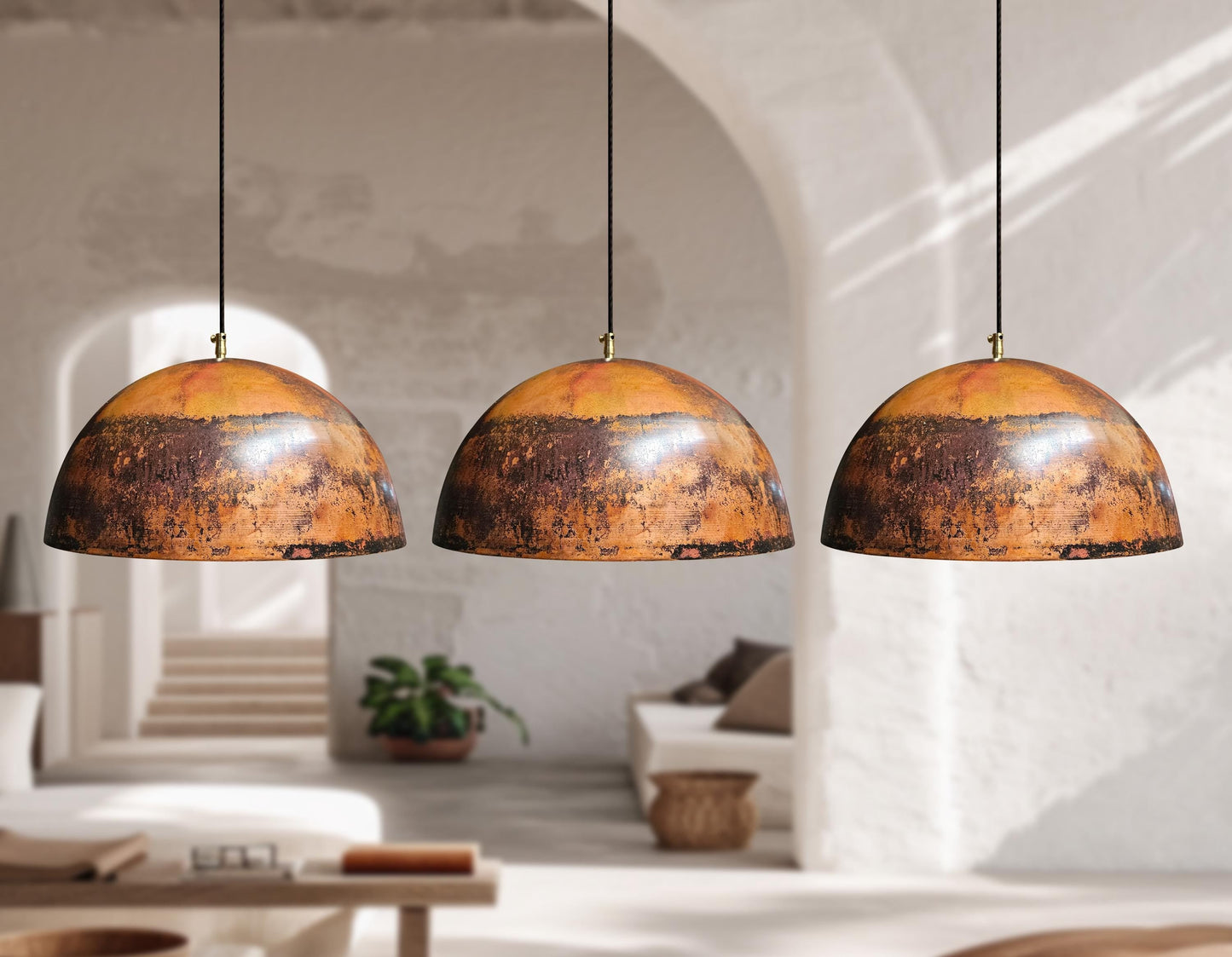 3 Copper Dome Pendant Lights – Oxidized Rustic Kitchen Ceiling Fixtures