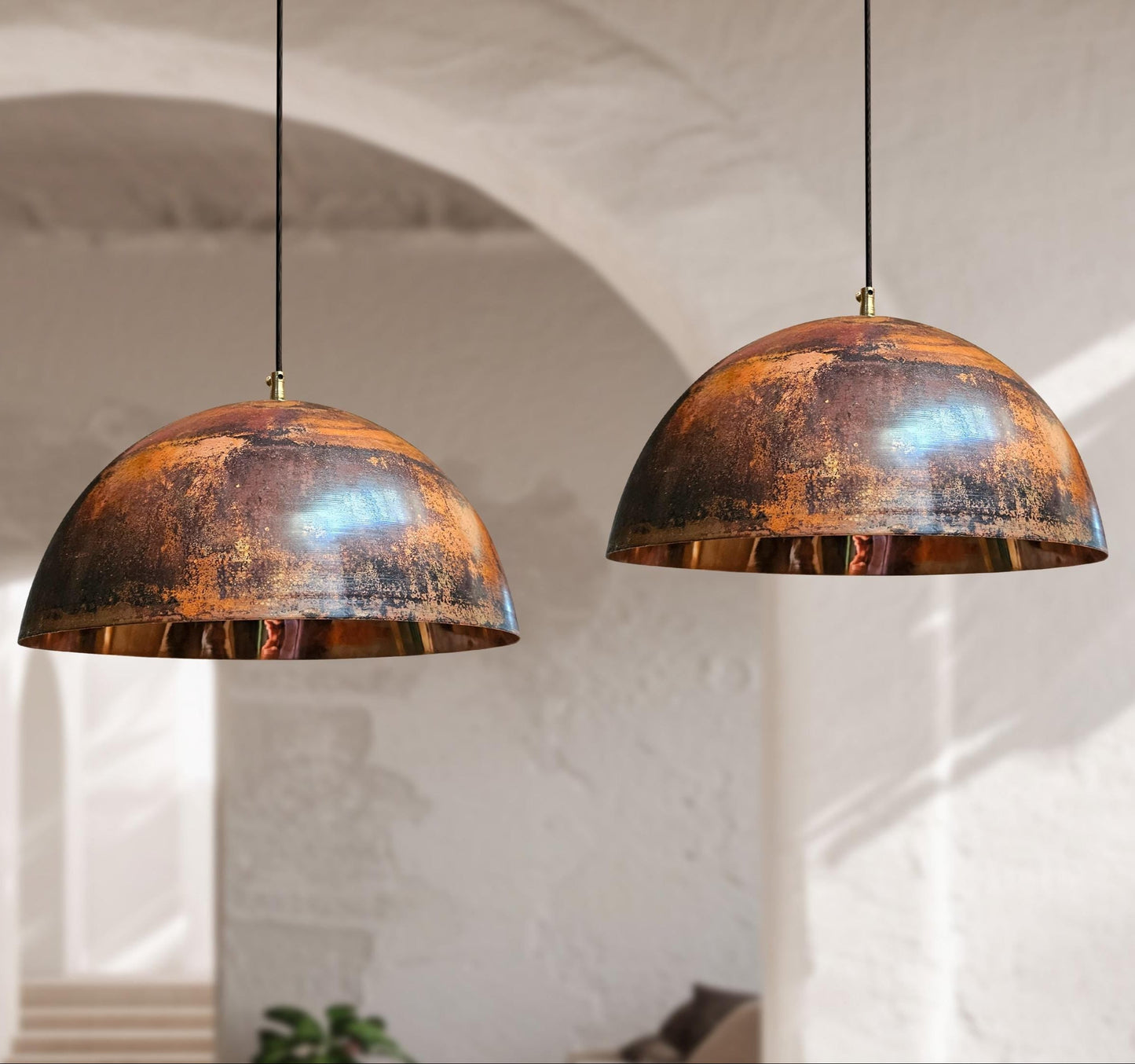 Set of 2 Rustic Copper Dome Ceiling Lights – Vintage Pendant Kitchen Fixtures