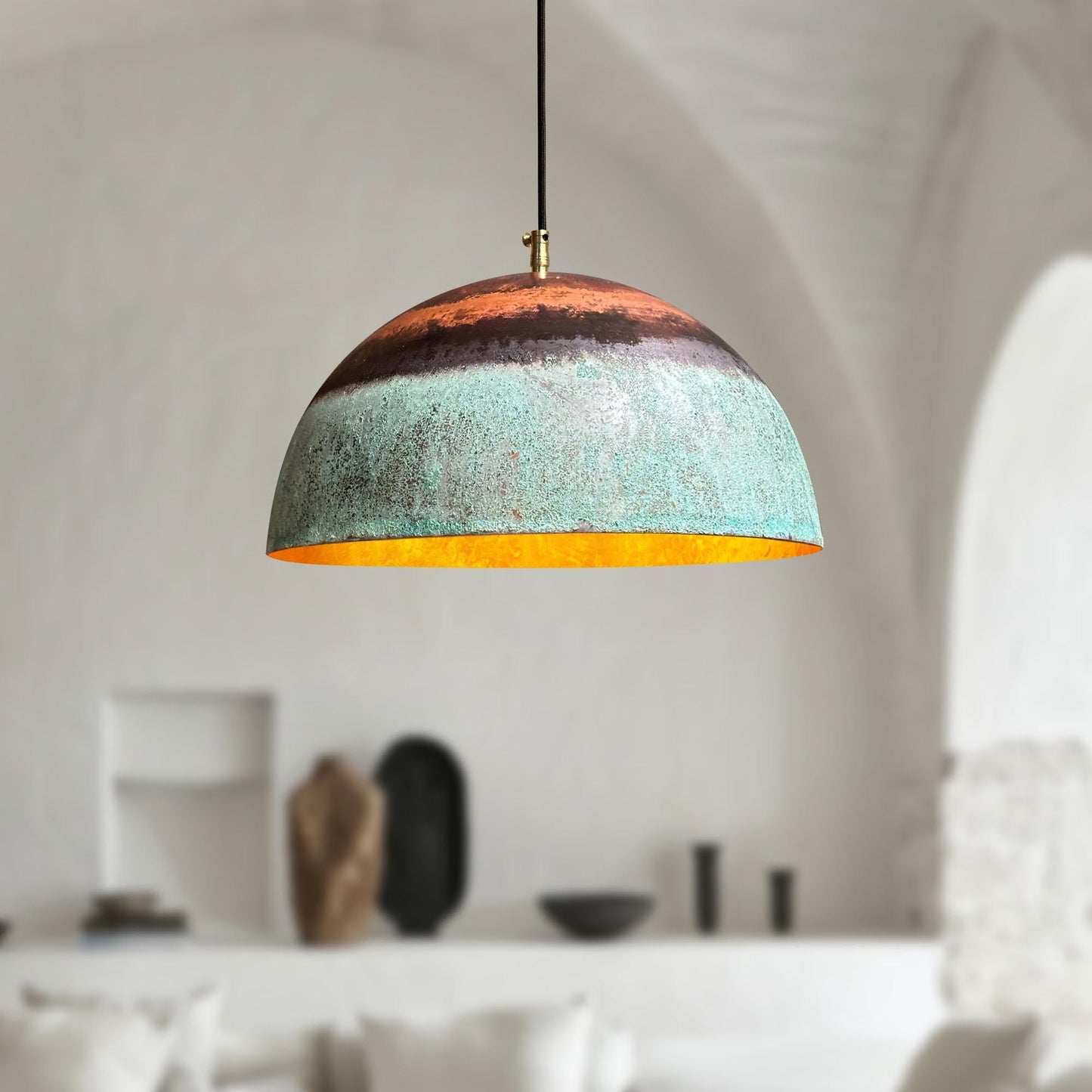 Set of 2 Green Patina Copper Pendant Lights – Oxidized Rustic Dome Fixtures