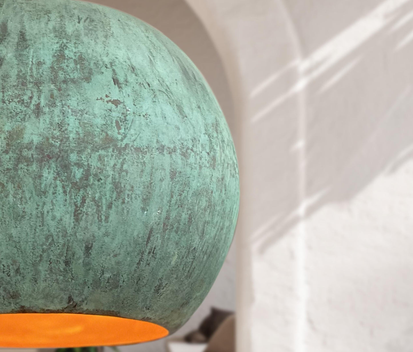 Two Green Patina Copper Pendant Lights – Oxidized Globe Farmhouse Kitchen Island Lighting
