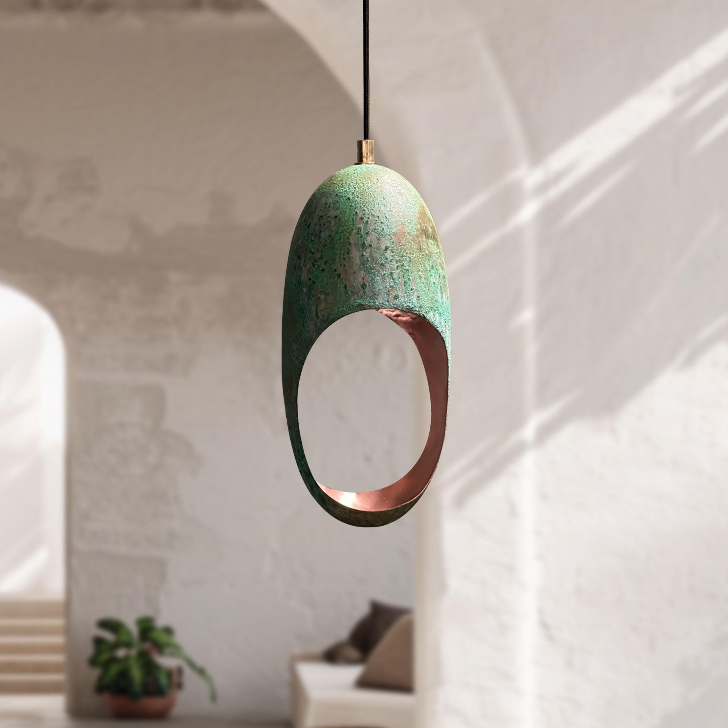3 Green Patina Farmhouse Lights – Handcrafted Oval Copper Pendants