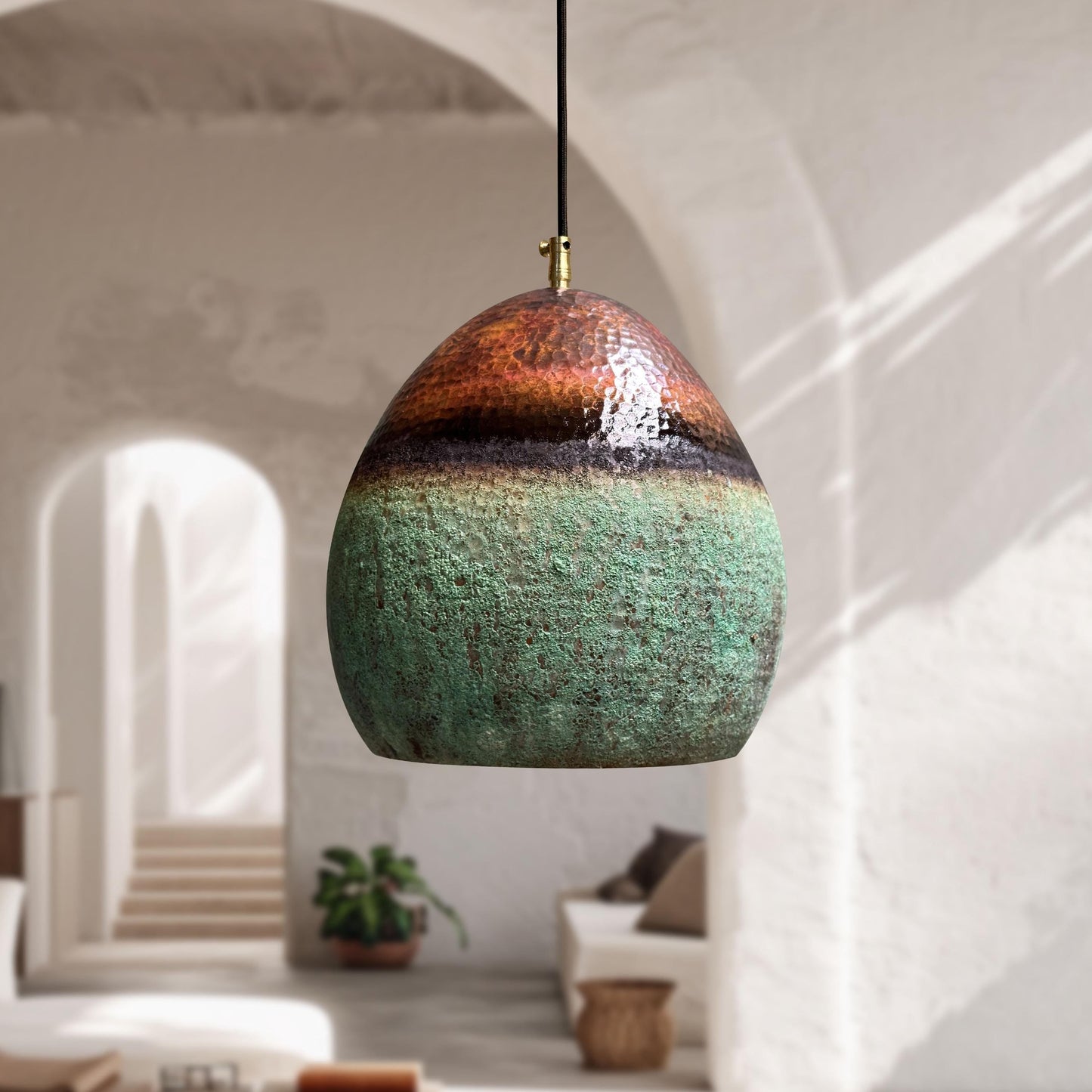 Handmade Oxidized Copper Pendant Light – Green Patina Vintage Farmhouse Kitchen Fixture