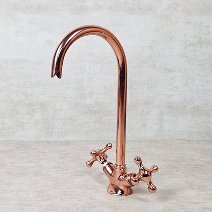 Copper Kitchen Faucet, Copper Gooseneck Faucet For Sink, Solid Copper Bathroom Mixer Faucet, Copper Coated Faucet with Cross Handles