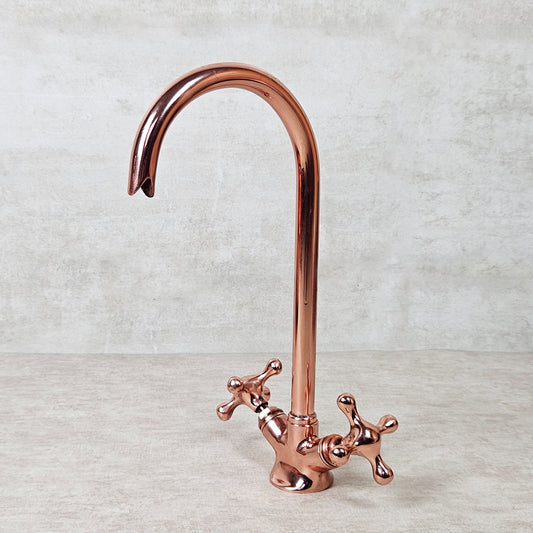 Copper Kitchen Faucet, Copper Gooseneck Faucet For Sink, Solid Copper Bathroom Mixer Faucet, Copper Coated Faucet with Cross Handles