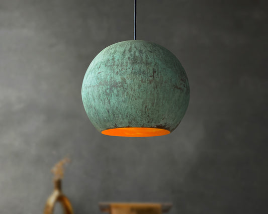 Oxidized Dome Ceiling Light, Vintage Copper Round Pendant Light, Green Patina Copper Hanging Light Fixture