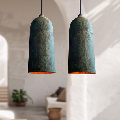 Green Patina Farmhouse Light – Oxidized Long Copper Pendant Ceiling Lamp