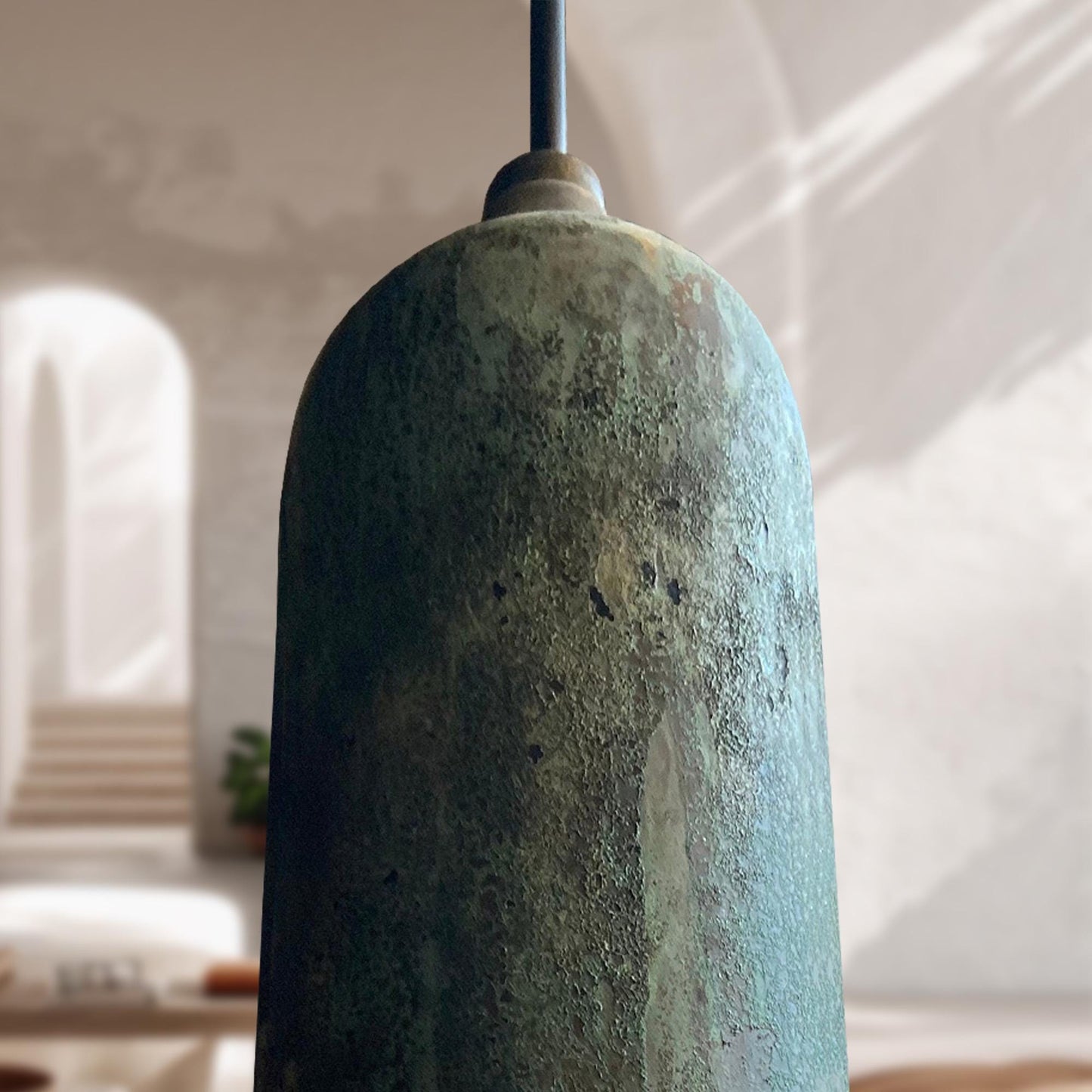 Green Patina Farmhouse Light – Oxidized Long Copper Pendant Ceiling Lamp