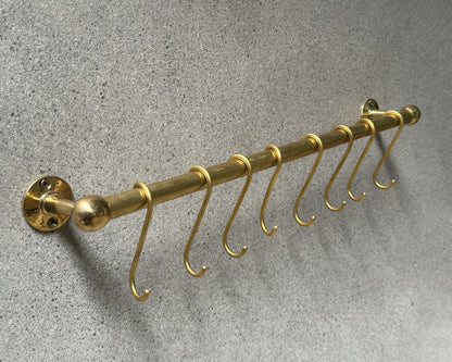 Unlacquered Brass Pot Rail with S hooks, Handmade Solid Brass Pot Rack, Golden Brass Wall Mounted Rack, Brass Wall Mounted Pan Rack