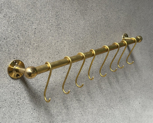 Unlacquered Brass Pot Rail with S hooks, Handmade Solid Brass Pot Rack, Golden Brass Wall Mounted Rack, Brass Wall Mounted Pan Rack