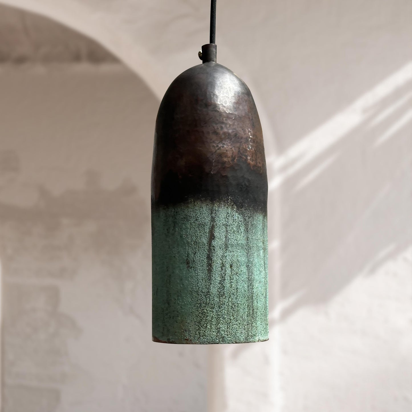 Handmade Oxidized Copper Pendant Light – Green Patina Farmhouse Ceiling Fixture