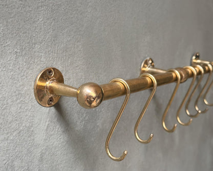Unlacquered Brass Pot Rail with S hooks, Handmade Solid Brass Pot Rack, Golden Brass Wall Mounted Rack with Free Extra hooks