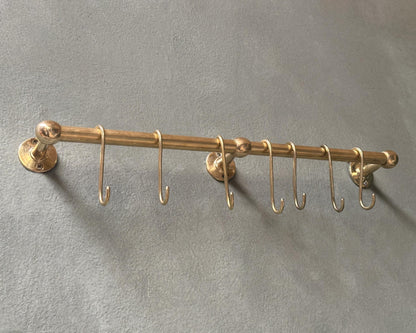 Unlacquered Brass Pot Rail with S hooks, Handmade Solid Brass Pot Rack, Golden Brass Wall Mounted Rack with Free Extra hooks