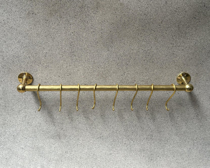 Unlacquered Brass Pot Rail with S hooks, Handmade Solid Brass Pot Rack, Golden Brass Wall Mounted Rack, Brass Wall Mounted Pan Rack