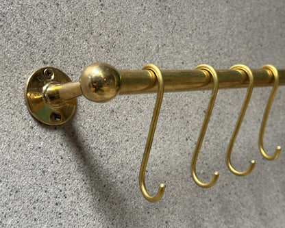 Unlacquered Brass Pot Rail with S hooks, Handmade Solid Brass Pot Rack, Golden Brass Wall Mounted Rack, Brass Wall Mounted Pan Rack