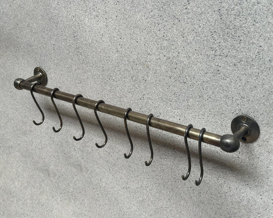 Solid Bronze Pot Rail with hooks, Oil Rubbed  Brass Kitchen Pot Rail, Wall Mounted Bronze Pot Rack, Oil Rubbed Kitchen Pot Organizer