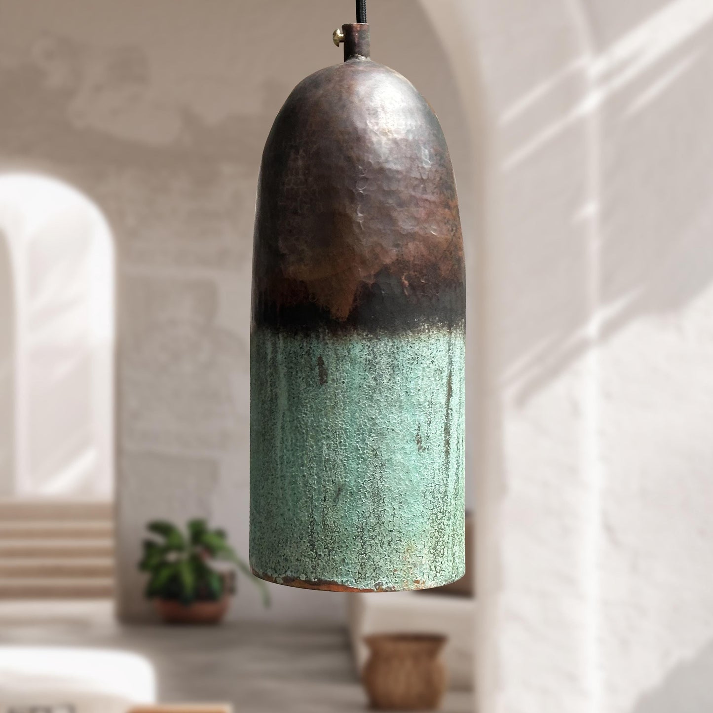 Handmade Oxidized Copper Pendant Light – Green Patina Farmhouse Ceiling Fixture