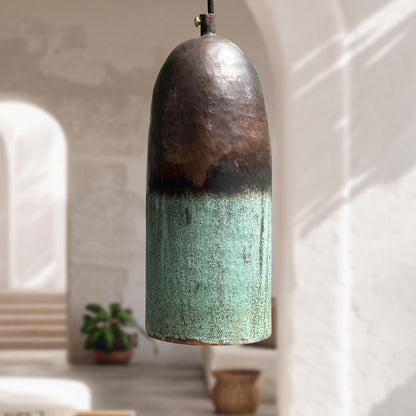 Handmade Oxidized Copper Pendant Light – Green Patina Farmhouse Ceiling Fixture