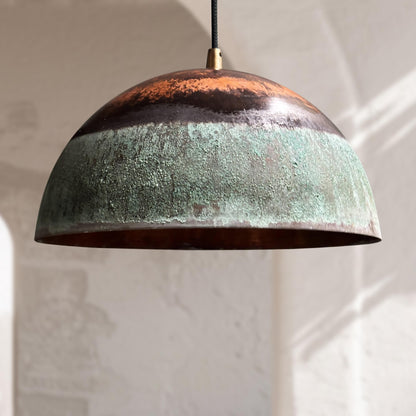 Green Patina Copper Pendant Light – Handmade Oxidized Rustic Dome Fixture