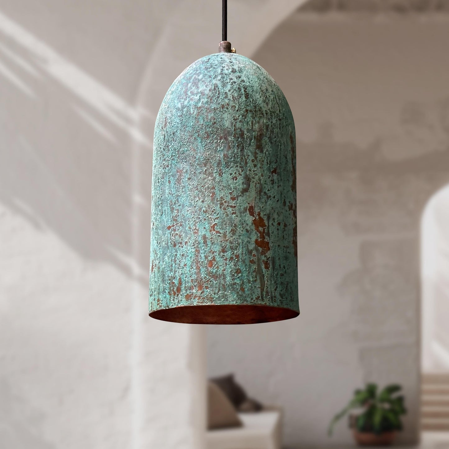3 Handmade Oxidized Copper Pendant Lights – Green Patina Farmhouse Verdigris Ceiling Fixtures