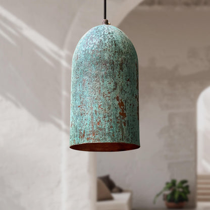 3 Handmade Oxidized Copper Pendant Lights – Green Patina Farmhouse Verdigris Ceiling Fixtures